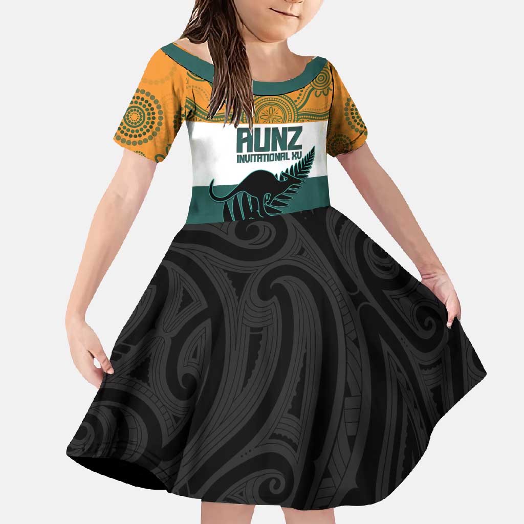 AUNZ Rugby Custom Family Matching Long Sleeve Bodycon Dress and Hawaiian Shirt Australia Kangaroo New Zealand Silver Fern LT14 Daughter's Dress Yellow - Polynesian Pride