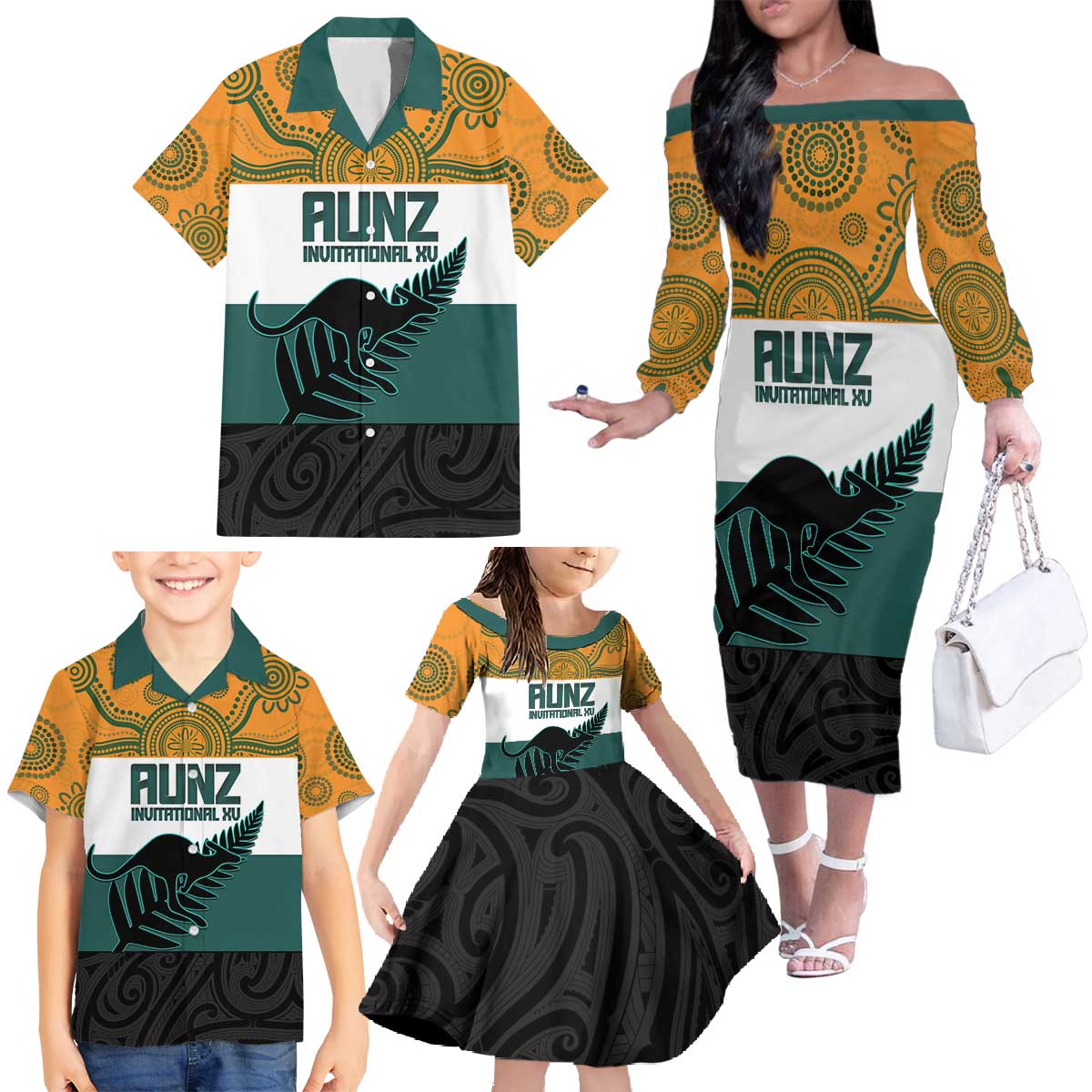 AUNZ Rugby Custom Family Matching Off The Shoulder Long Sleeve Dress and Hawaiian Shirt Australia Kangaroo New Zealand Silver Fern LT14 - Polynesian Pride
