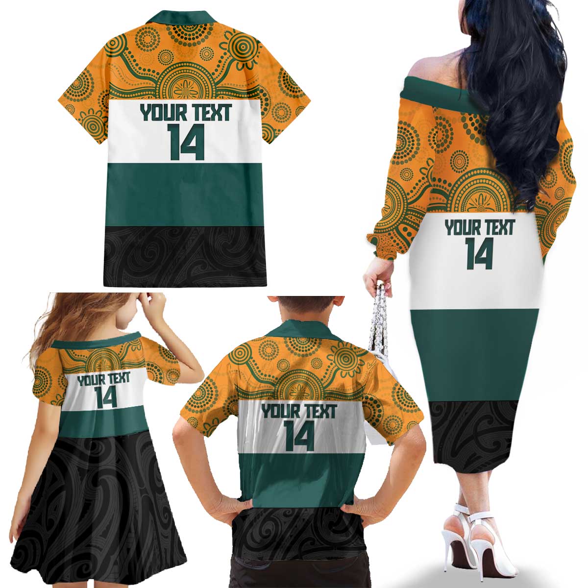 AUNZ Rugby Custom Family Matching Off The Shoulder Long Sleeve Dress and Hawaiian Shirt Australia Kangaroo New Zealand Silver Fern LT14 - Polynesian Pride