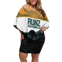 AUNZ Rugby Custom Family Matching Off Shoulder Short Dress and Hawaiian Shirt Australia Kangaroo New Zealand Silver Fern LT14 Mom's Dress Yellow - Polynesian Pride