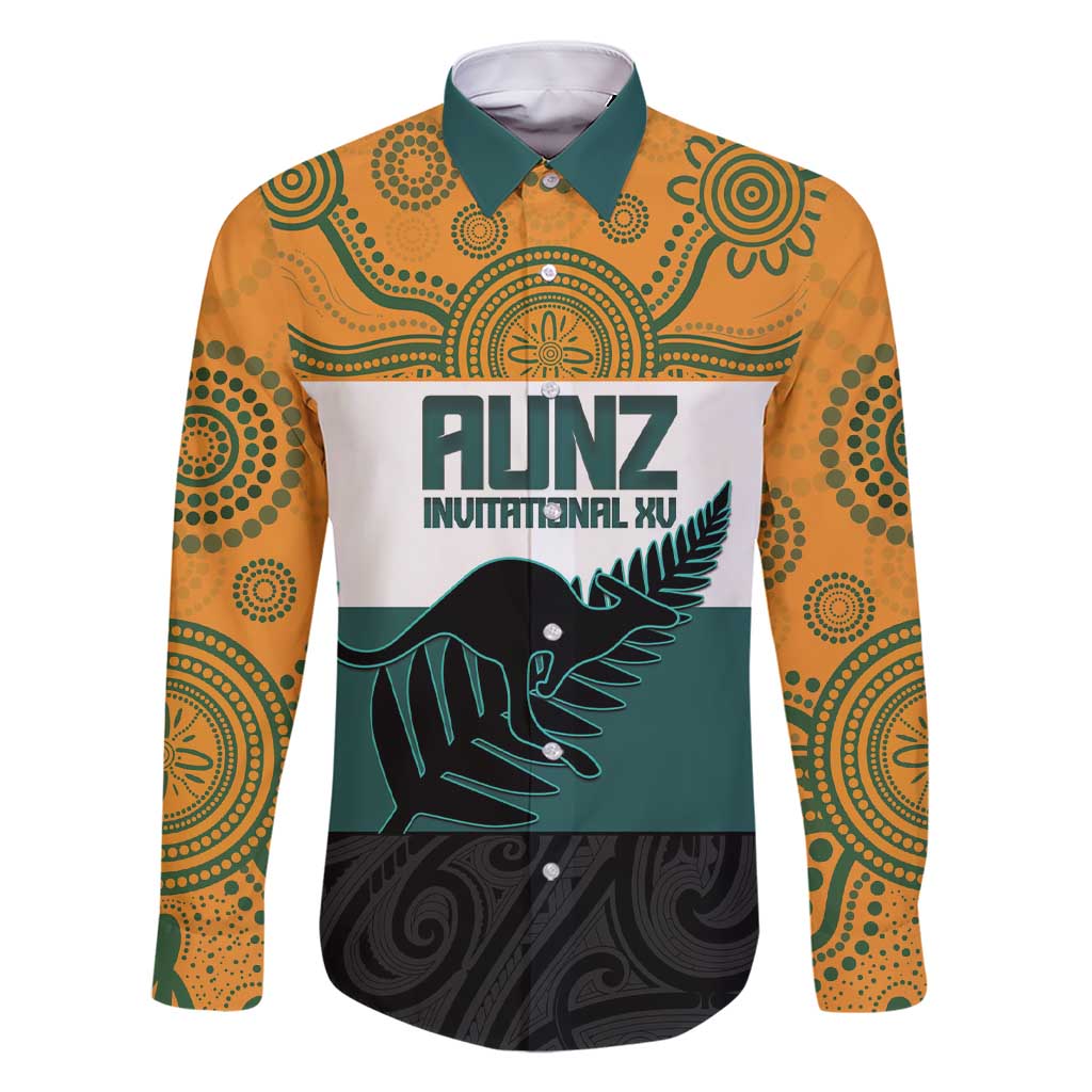 AUNZ Rugby Custom Family Matching Short Sleeve Bodycon Dress and Hawaiian Shirt Australia Kangaroo New Zealand Silver Fern LT14 Dad's Shirt - Long Sleeve Yellow - Polynesian Pride