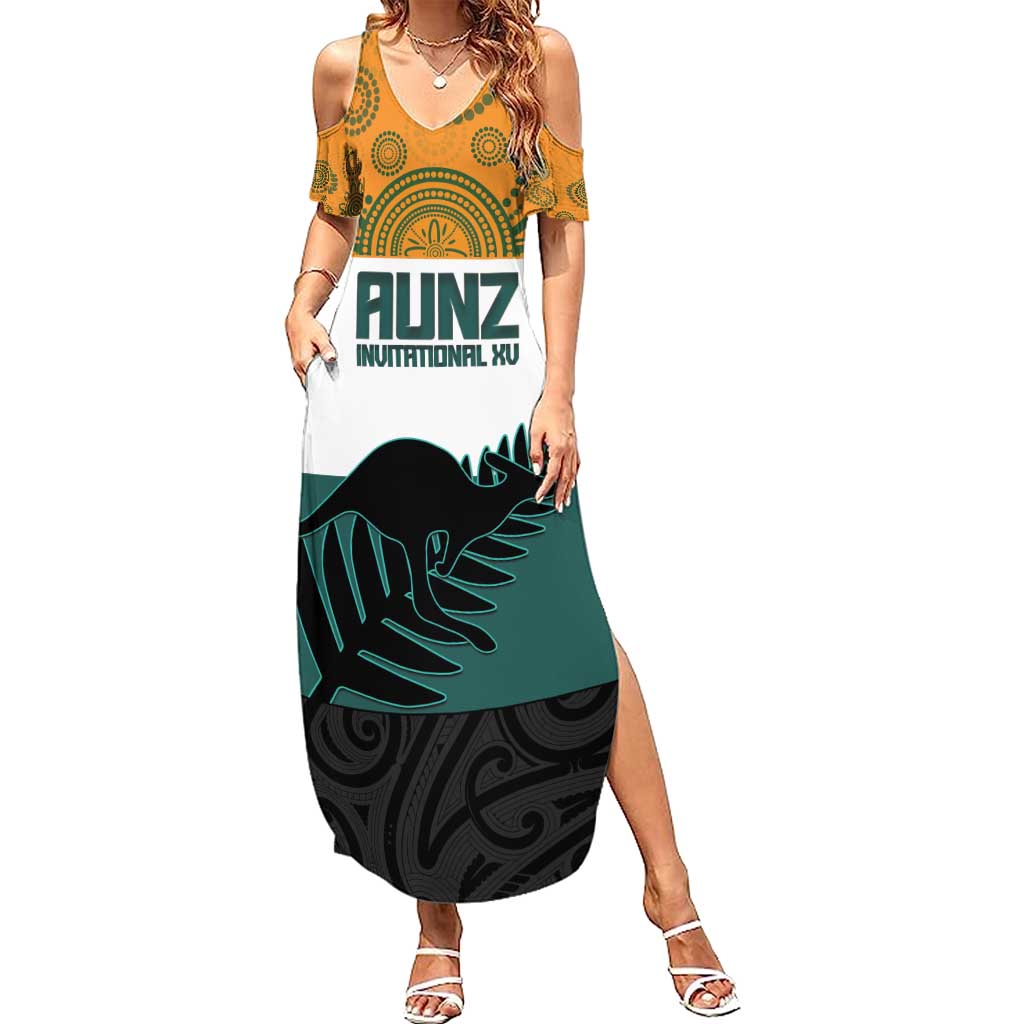 AUNZ Rugby Custom Family Matching Summer Maxi Dress and Hawaiian Shirt Australia Kangaroo New Zealand Silver Fern LT14 Mom's Dress Yellow - Polynesian Pride