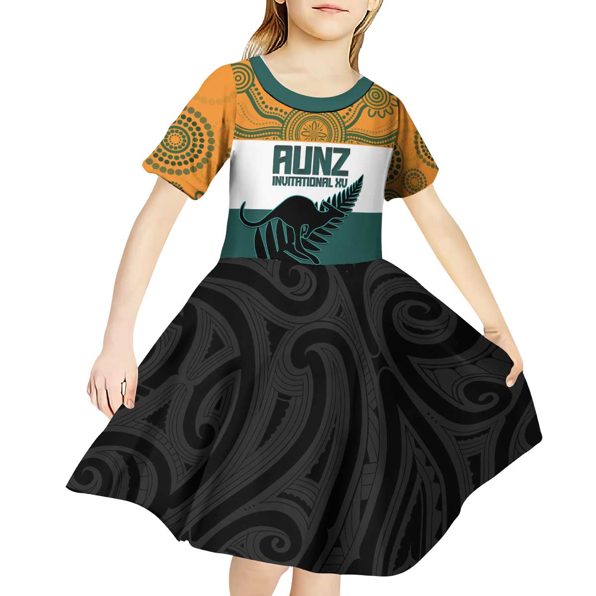 AUNZ Rugby Custom Kid Short Sleeve Dress Australia Kangaroo New Zealand Silver Fern LT14 - Polynesian Pride
