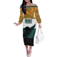 AUNZ Rugby Custom Off The Shoulder Long Sleeve Dress Australia Kangaroo New Zealand Silver Fern LT14 Women Yellow - Polynesian Pride