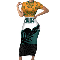 AUNZ Rugby Custom Short Sleeve Bodycon Dress Australia Kangaroo New Zealand Silver Fern LT14 Long Dress Yellow - Polynesian Pride