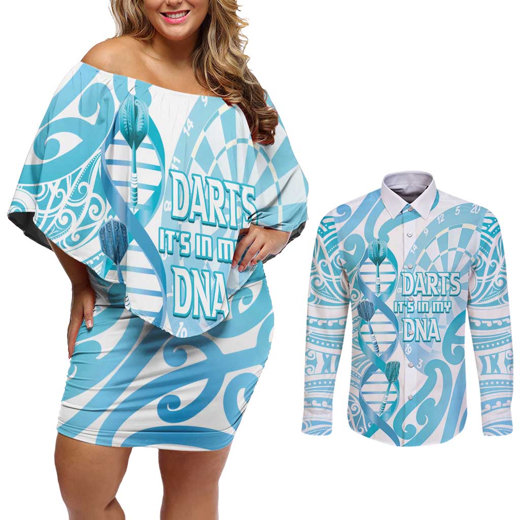 Personalised New Zealand Darts Couples Matching Off Shoulder Short Dress and Long Sleeve Button Shirt Aotearoa Maori Its In My DNA White LT14 White - Polynesian Pride