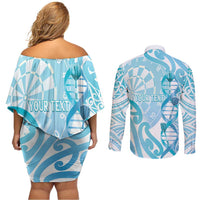 Personalised New Zealand Darts Couples Matching Off Shoulder Short Dress and Long Sleeve Button Shirt Aotearoa Maori Its In My DNA White LT14 - Polynesian Pride