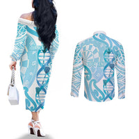 Personalised New Zealand Darts Couples Matching Off The Shoulder Long Sleeve Dress and Long Sleeve Button Shirt Aotearoa Maori Its In My DNA White LT14 - Polynesian Pride
