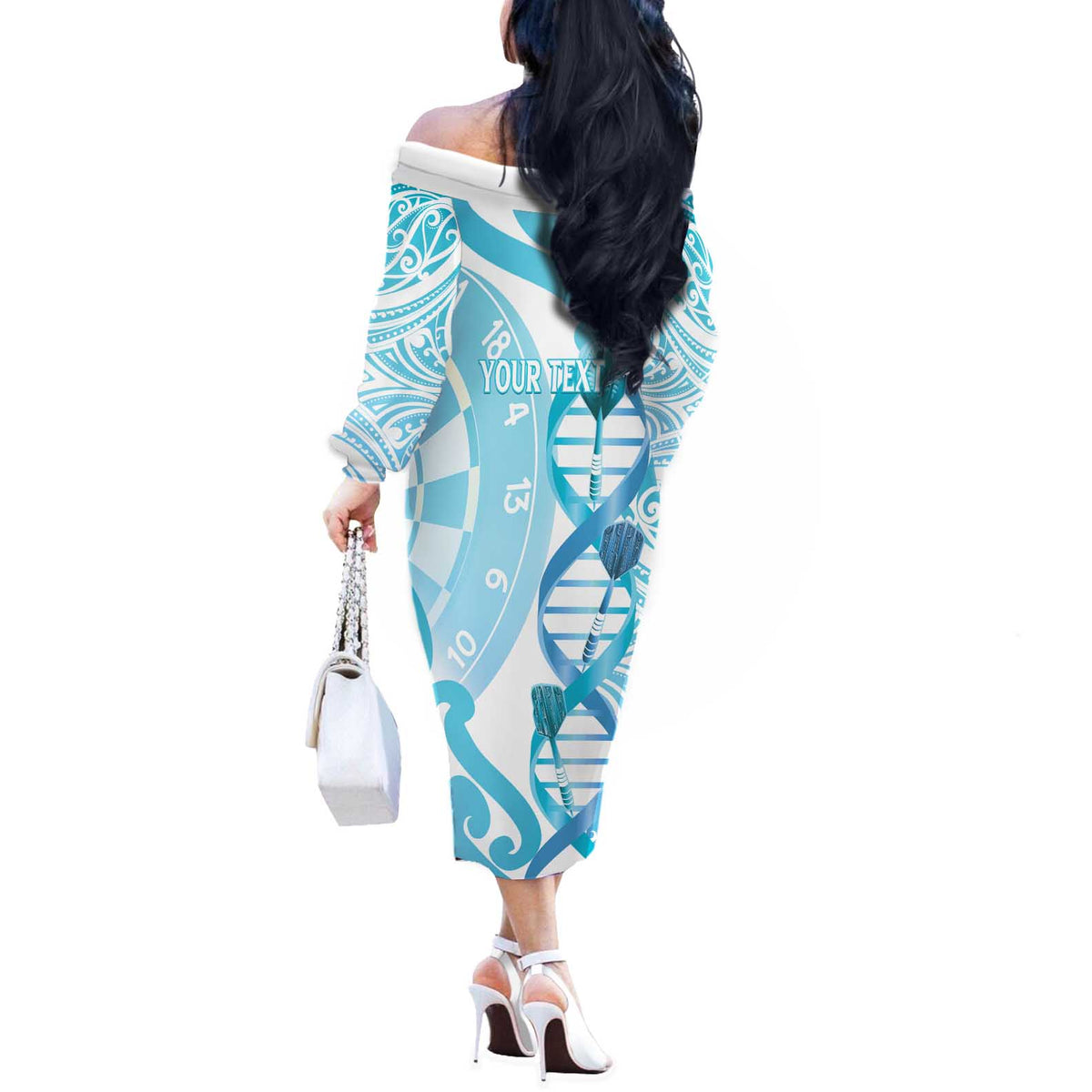 Personalised New Zealand Darts Off The Shoulder Long Sleeve Dress Aotearoa Maori Its In My DNA White LT14 - Polynesian Pride