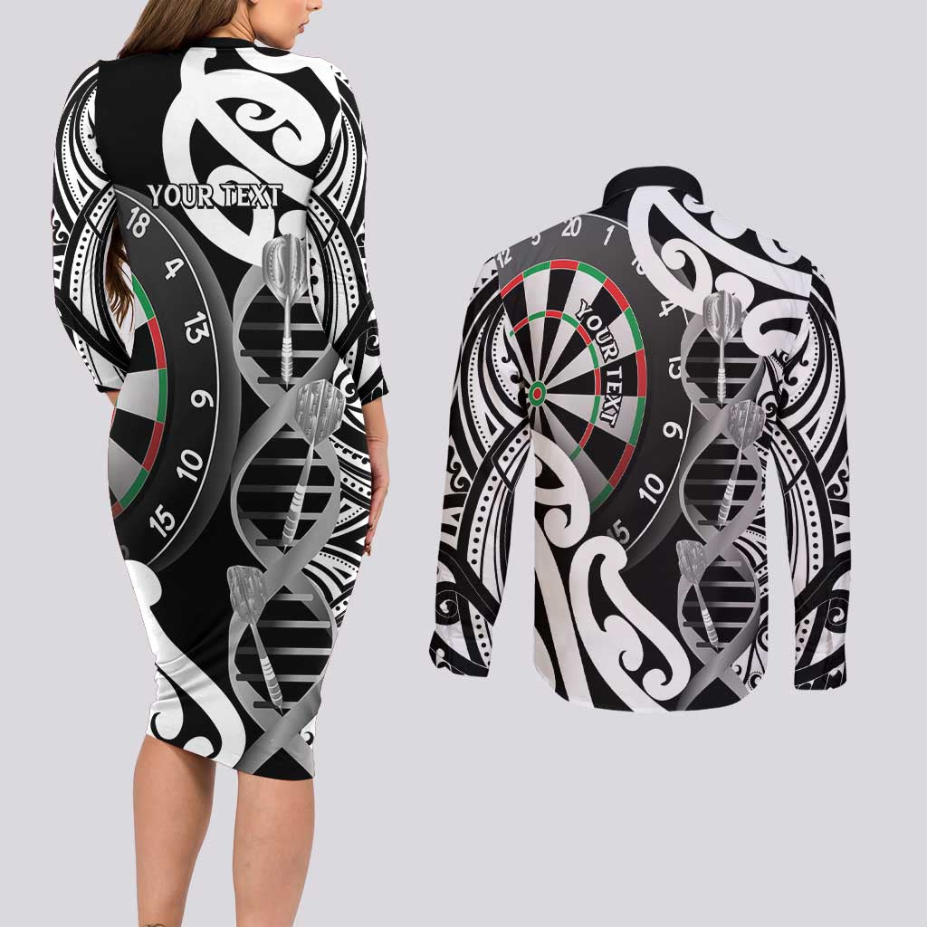 Personalised New Zealand Darts Couples Matching Long Sleeve Bodycon Dress and Long Sleeve Button Shirt Aotearoa Maori Its In My DNA Black LT14 - Polynesian Pride
