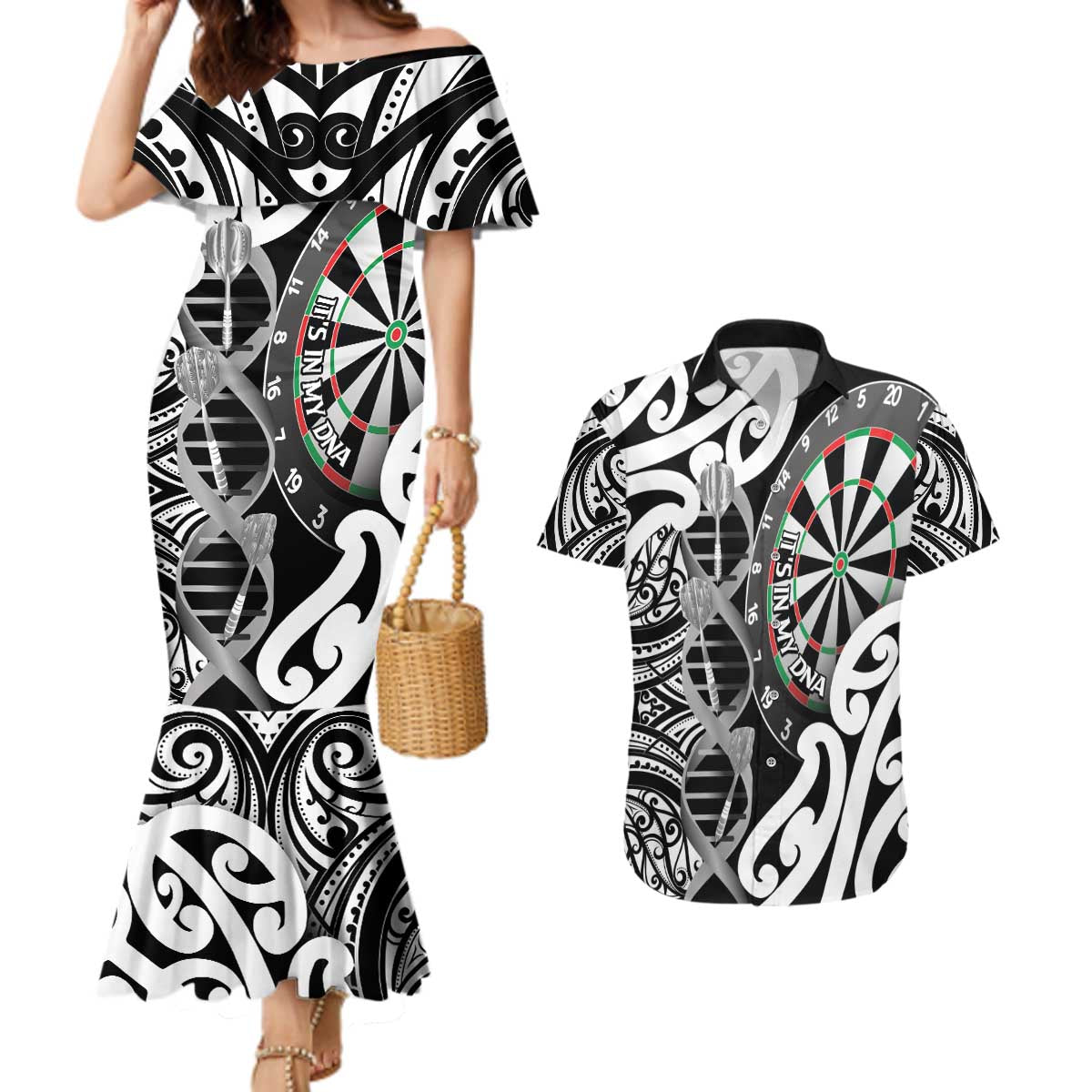Personalised New Zealand Darts Couples Matching Mermaid Dress and Hawaiian Shirt Aotearoa Maori Its In My DNA Black - Polynesian Pride