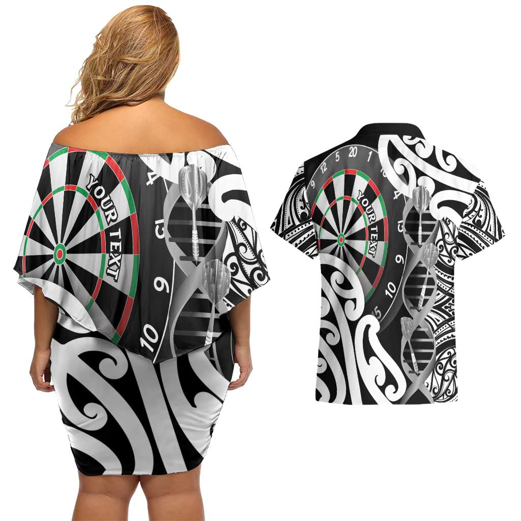 Personalised New Zealand Darts Couples Matching Off Shoulder Short Dress and Hawaiian Shirt Aotearoa Maori Its In My DNA Black LT14 - Polynesian Pride