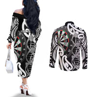 Personalised New Zealand Darts Couples Matching Off The Shoulder Long Sleeve Dress and Long Sleeve Button Shirt Aotearoa Maori Its In My DNA Black LT14 - Polynesian Pride
