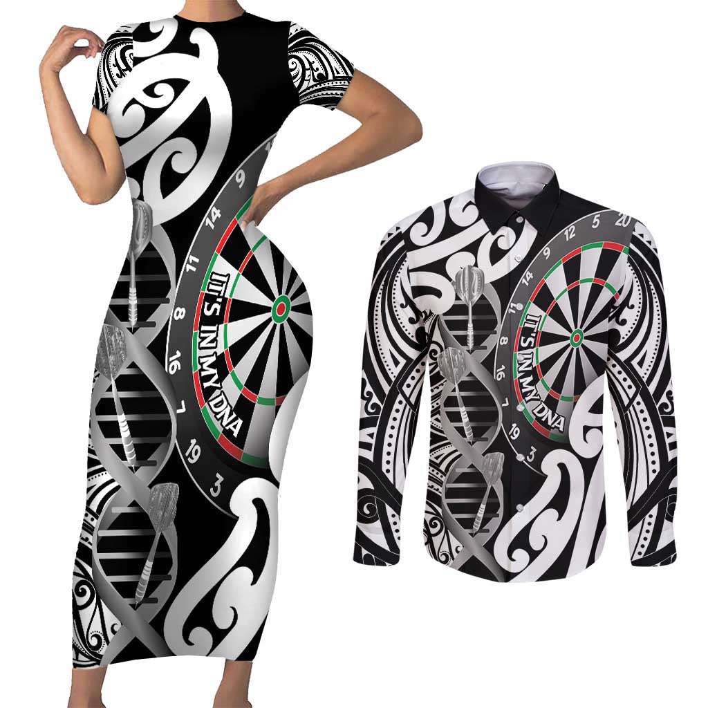 Personalised New Zealand Darts Couples Matching Short Sleeve Bodycon Dress and Long Sleeve Button Shirt Aotearoa Maori Its In My DNA Black LT14 Black - Polynesian Pride