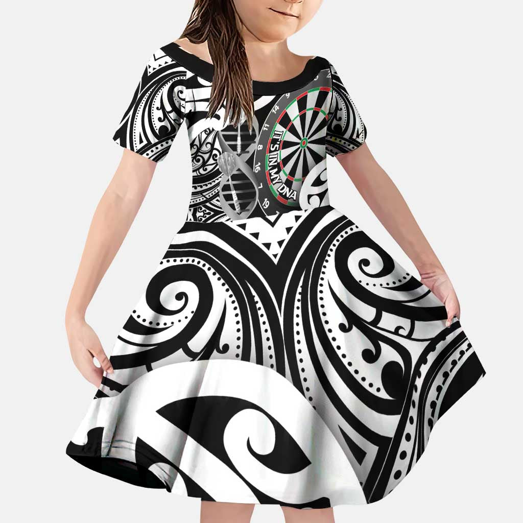 Personalised New Zealand Darts Family Matching Puletasi and Hawaiian Shirt Aotearoa Maori Its In My DNA Black LT14 Daughter's Dress Black - Polynesian Pride