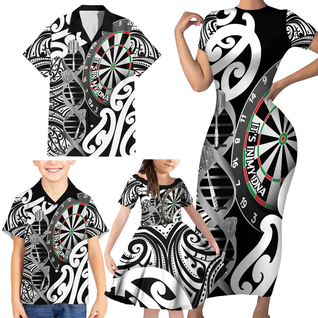 Personalised New Zealand Darts Family Matching Short Sleeve Bodycon Dress and Hawaiian Shirt Aotearoa Maori Its In My DNA Black LT14 - Polynesian Pride