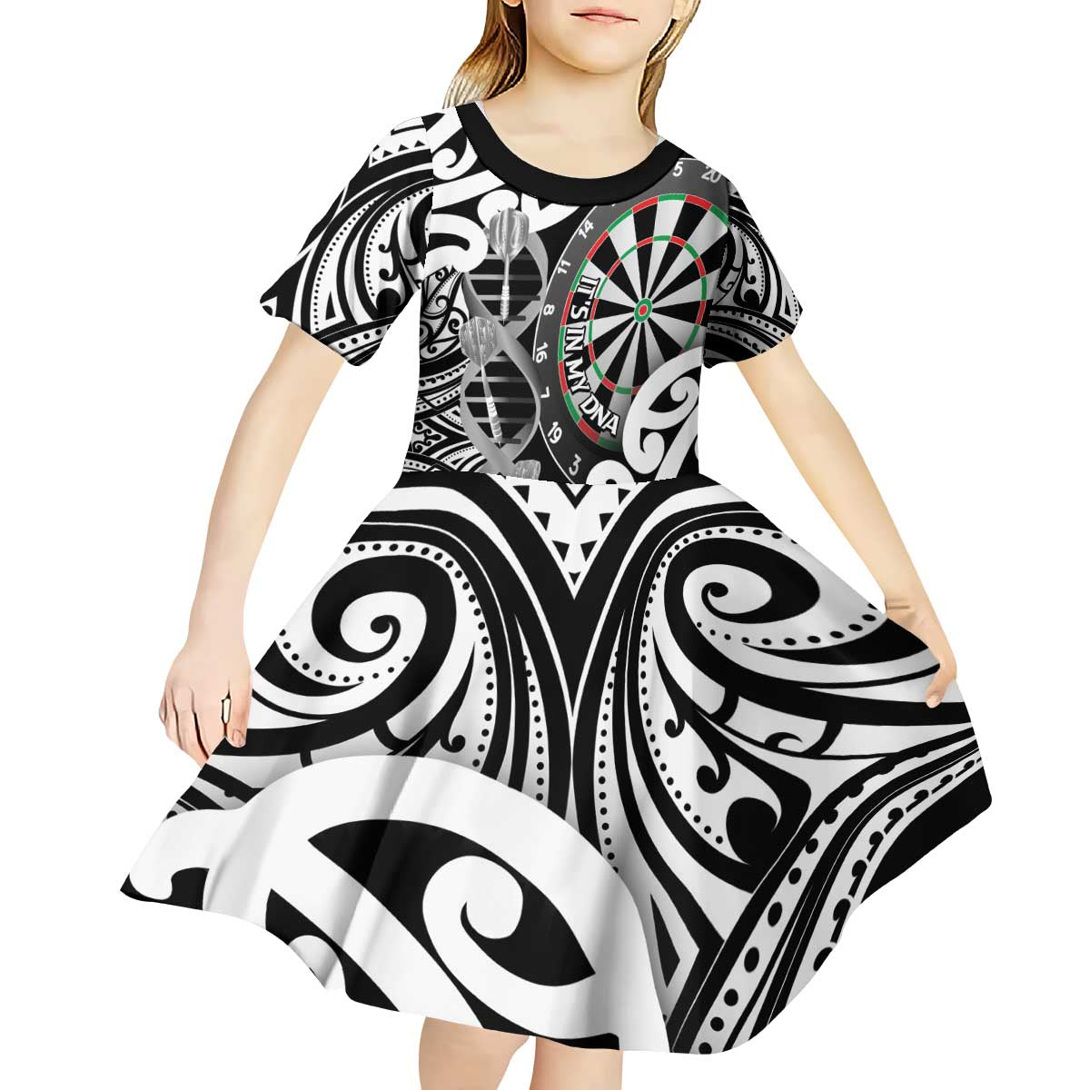 Personalised New Zealand Darts Kid Short Sleeve Dress Aotearoa Maori Its In My DNA Black LT14 - Polynesian Pride
