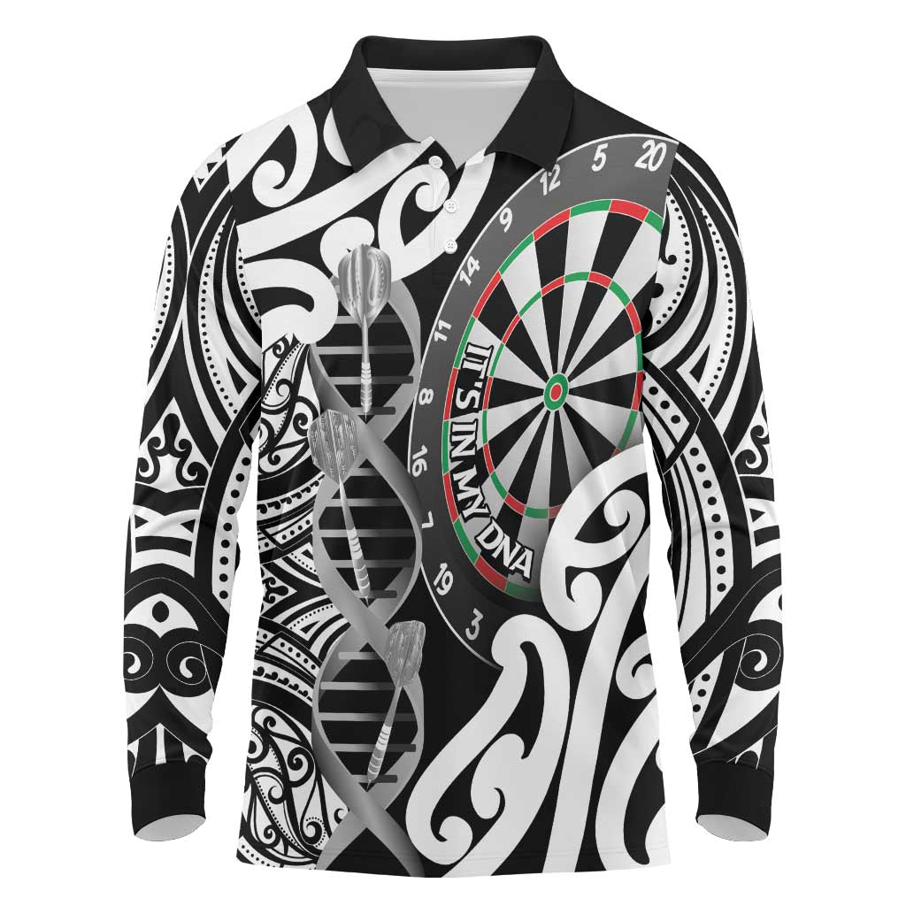 Personalised New Zealand Darts Long Sleeve Polo Shirt Aotearoa Maori Its In My DNA Black LT14 Black - Polynesian Pride