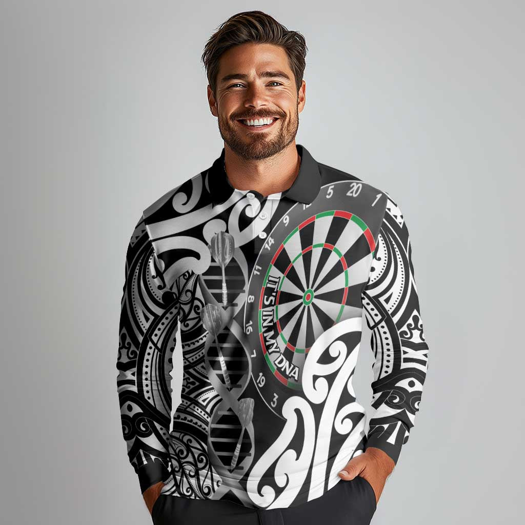 Personalised New Zealand Darts Long Sleeve Polo Shirt Aotearoa Maori Its In My DNA Black LT14 - Polynesian Pride