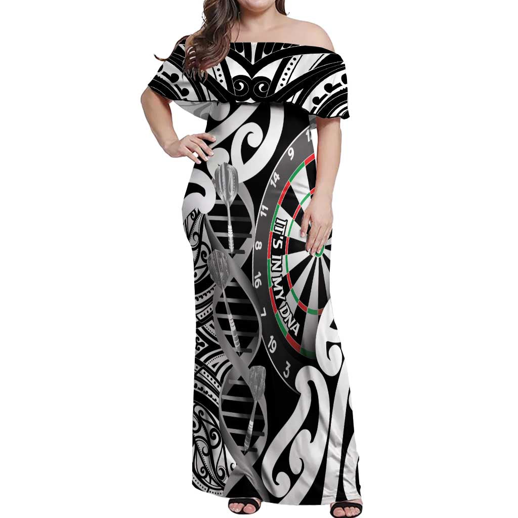 Personalised New Zealand Darts Off Shoulder Maxi Dress Aotearoa Maori Its In My DNA Black LT14 Women Black - Polynesian Pride