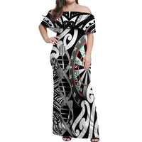 Personalised New Zealand Darts Off Shoulder Maxi Dress Aotearoa Maori Its In My DNA Black LT14 Women Black - Polynesian Pride