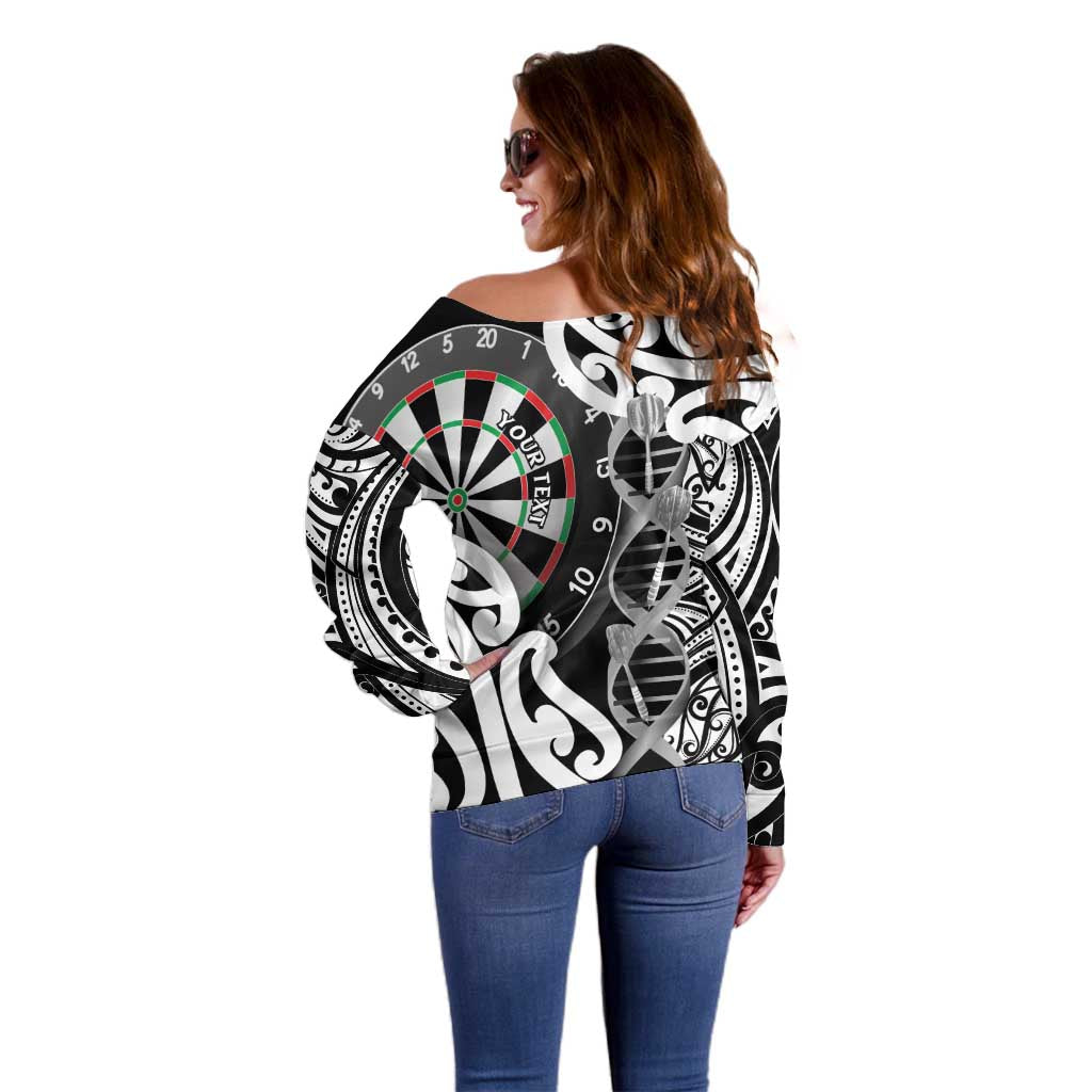 Personalised New Zealand Darts Off Shoulder Sweater Aotearoa Maori Its In My DNA Black - Polynesian Pride