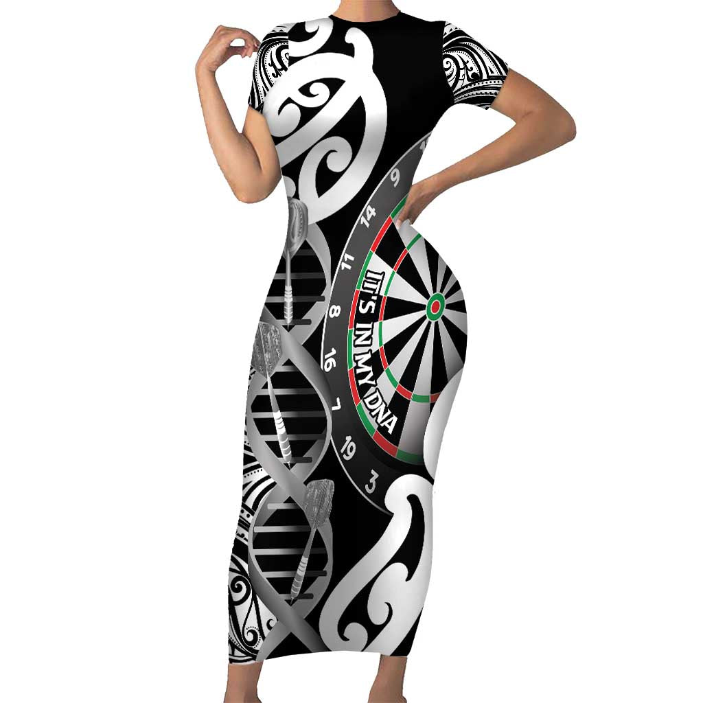Personalised New Zealand Darts Short Sleeve Bodycon Dress Aotearoa Maori Its In My DNA Black LT14 Long Dress Black - Polynesian Pride