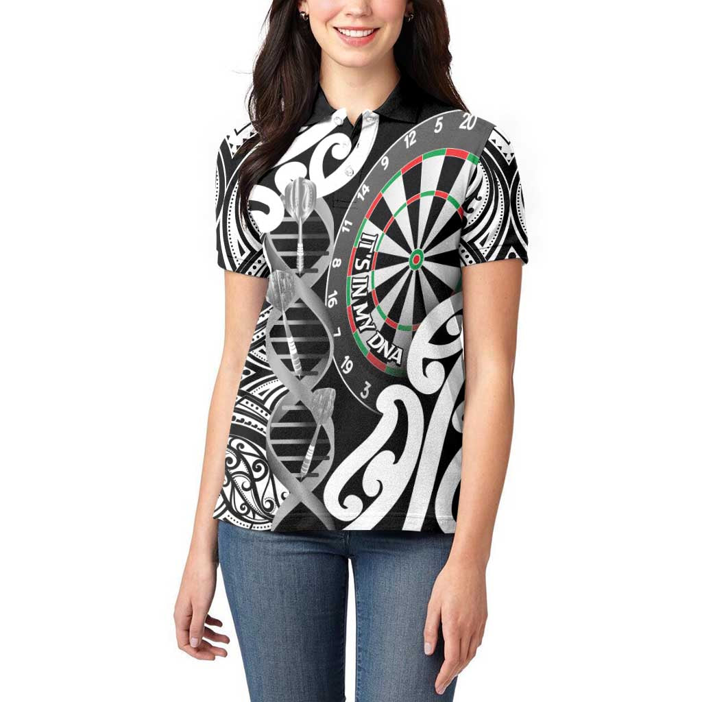 Personalised New Zealand Darts Women Polo Shirt Aotearoa Maori Its In My DNA Black - Polynesian Pride