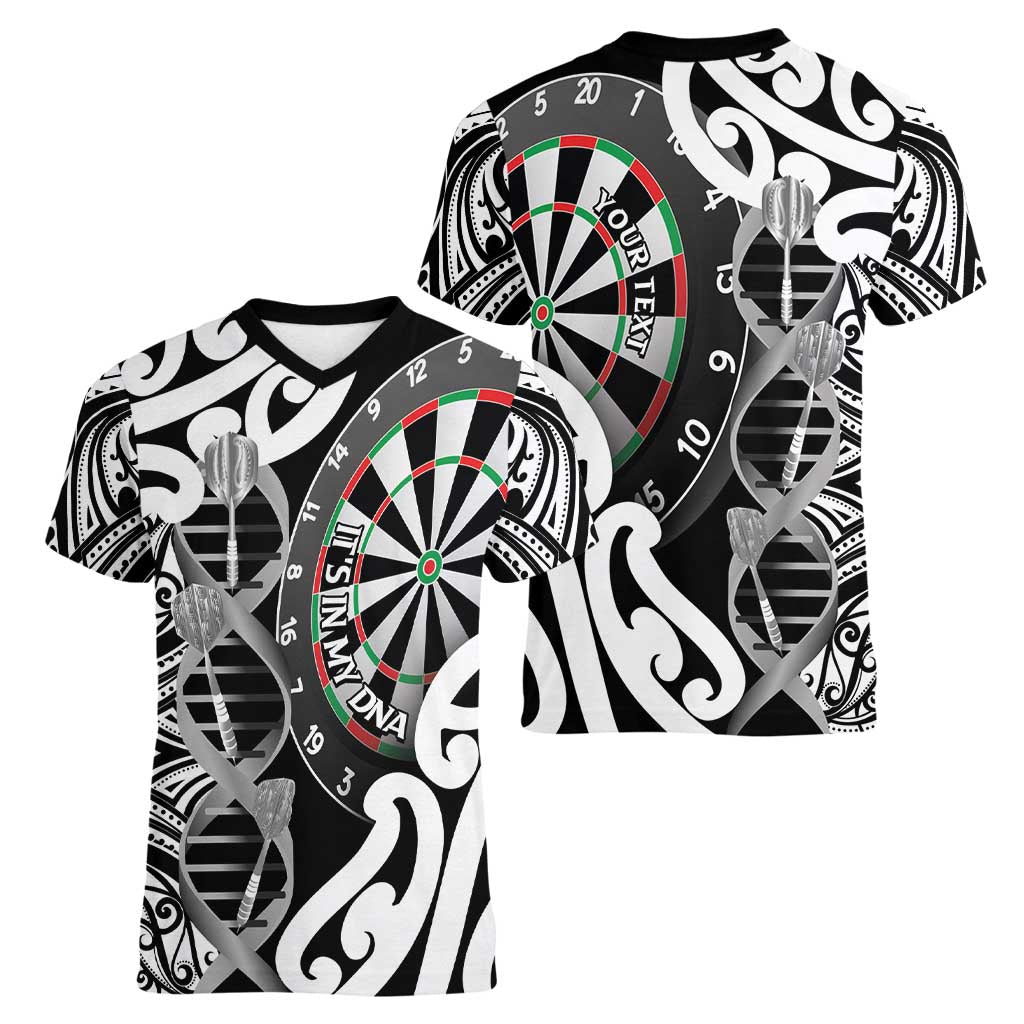 Personalised New Zealand Darts Women V-Neck T-Shirt Aotearoa Maori Its In My DNA Black LT14 - Polynesian Pride