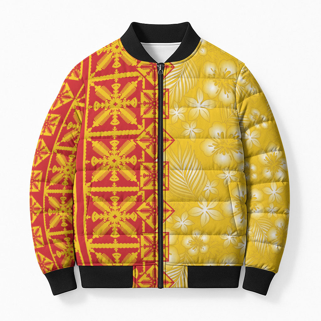 Kahili Quilt Hawaii Bomber Puffer Jacket Tropical Flower Seamless Half Style