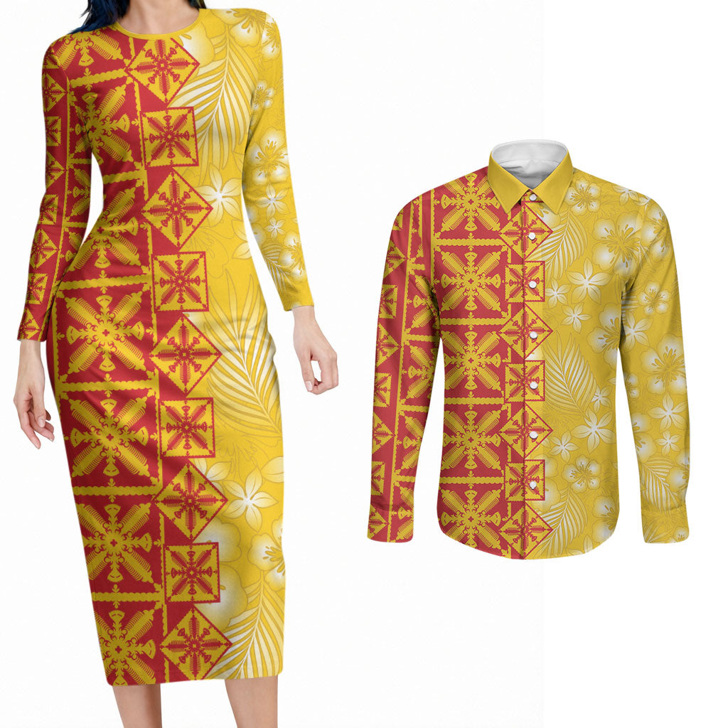 Kahili Quilt Hawaii Couples Matching Long Sleeve Bodycon Dress and Long Sleeve Button Shirt Tropical Flower Seamless Half Style LT14 Yellow - Polynesian Pride