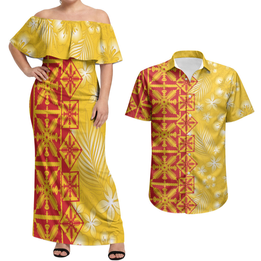 Kahili Quilt Hawaii Couples Matching Off Shoulder Maxi Dress and Hawaiian Shirt Tropical Flower Seamless Half Style LT14 Yellow - Polynesian Pride