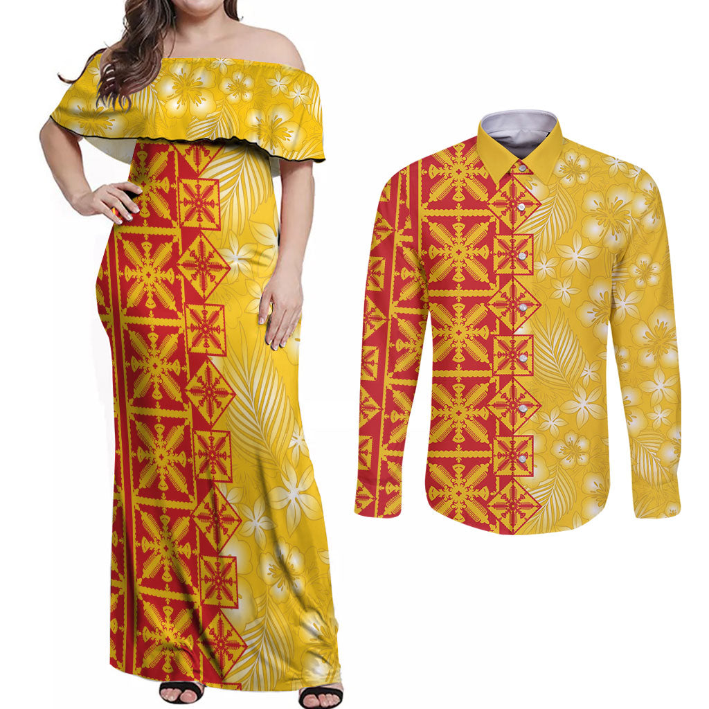 Kahili Quilt Hawaii Couples Matching Off Shoulder Maxi Dress and Long Sleeve Button Shirt Tropical Flower Seamless Half Style