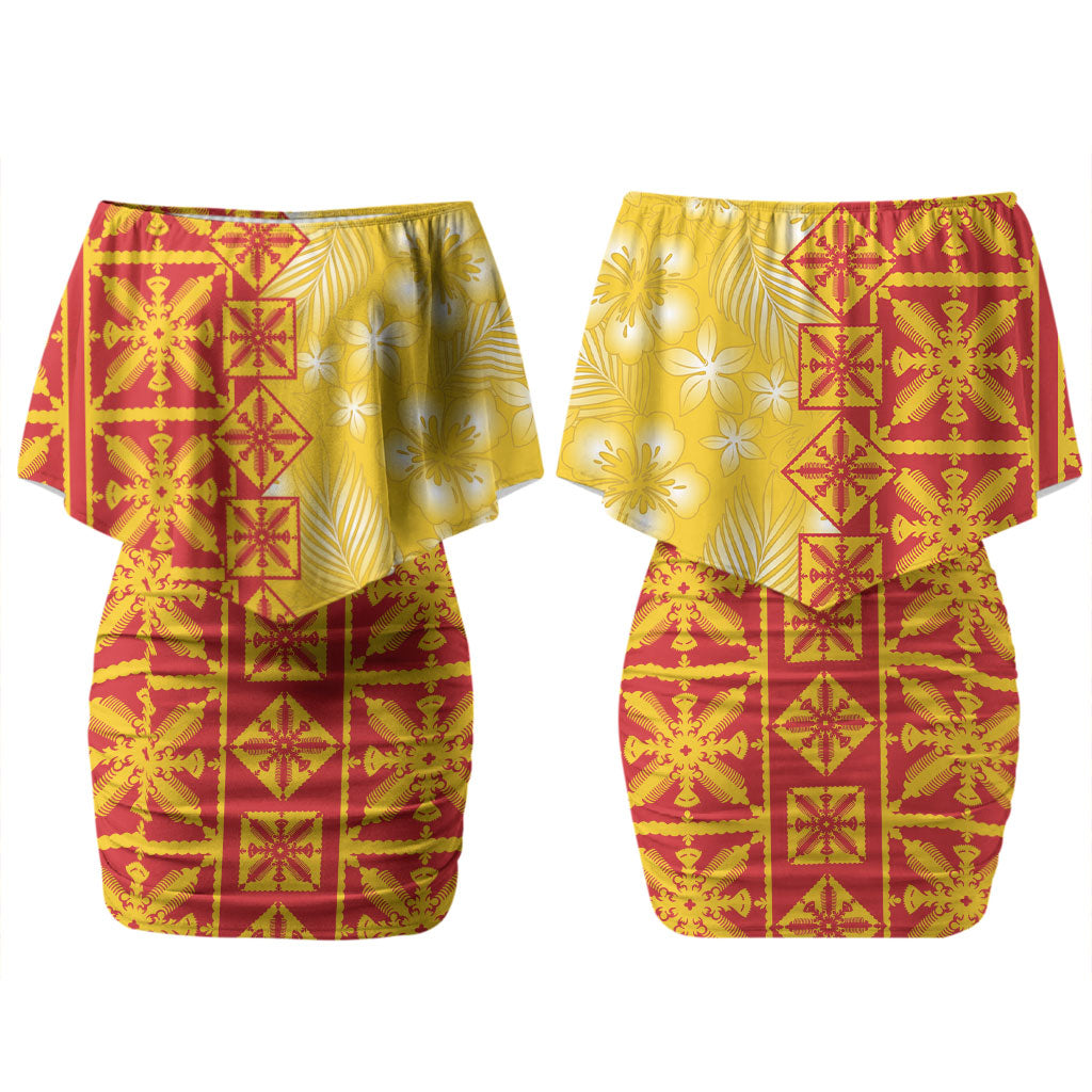 Kahili Quilt Hawaii Couples Matching Off Shoulder Short Dress and Long Sleeve Button Shirt Tropical Flower Seamless Half Style LT14 - Polynesian Pride