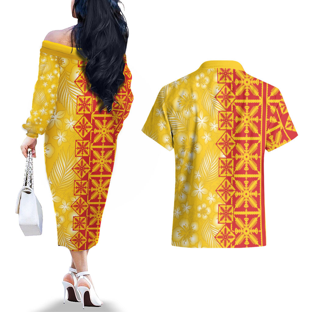 Kahili Quilt Hawaii Couples Matching Off The Shoulder Long Sleeve Dress and Hawaiian Shirt Tropical Flower Seamless Half Style LT14 - Polynesian Pride
