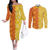 Kahili Quilt Hawaii Couples Matching Off The Shoulder Long Sleeve Dress and Long Sleeve Button Shirt Tropical Flower Seamless Half Style LT14 Yellow - Polynesian Pride