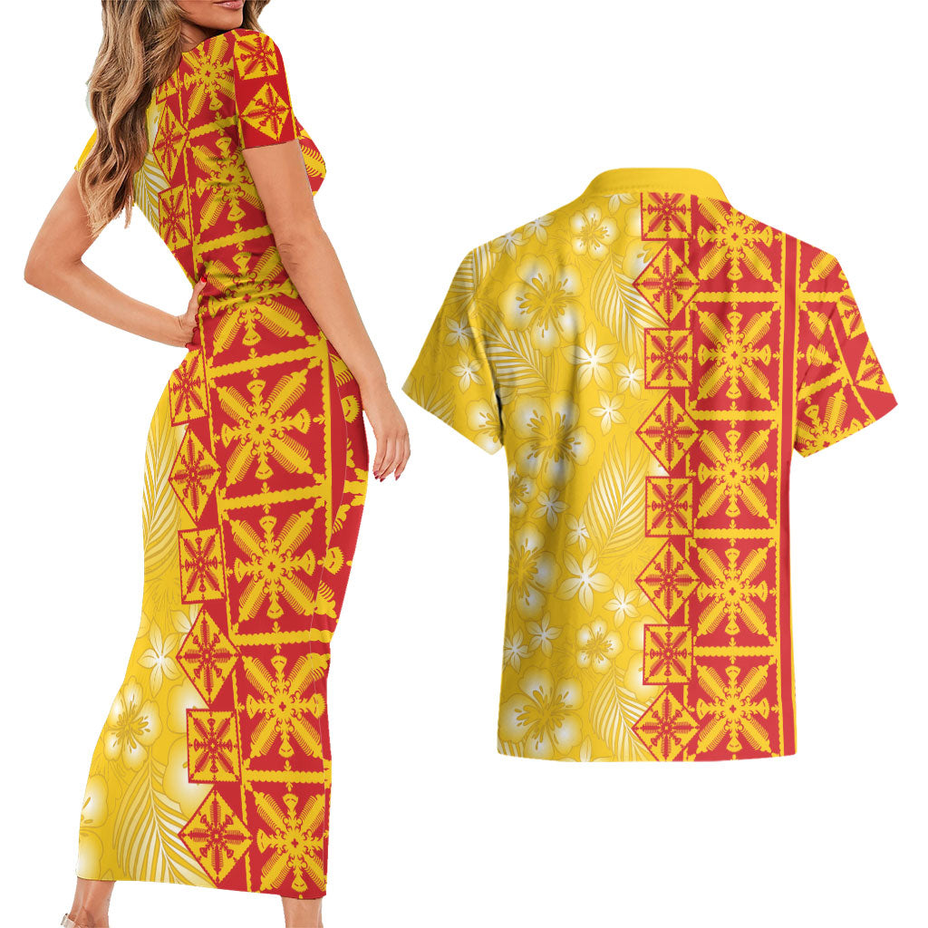 Kahili Quilt Hawaii Couples Matching Short Sleeve Bodycon Dress and Hawaiian Shirt Tropical Flower Seamless Half Style LT14 - Polynesian Pride