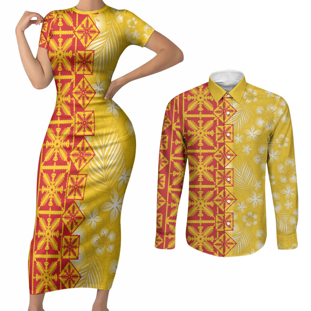 Kahili Quilt Hawaii Couples Matching Short Sleeve Bodycon Dress and Long Sleeve Button Shirt Tropical Flower Seamless Half Style LT14 Yellow - Polynesian Pride
