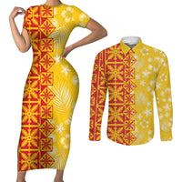 Kahili Quilt Hawaii Couples Matching Short Sleeve Bodycon Dress and Long Sleeve Button Shirt Tropical Flower Seamless Half Style LT14 Yellow - Polynesian Pride