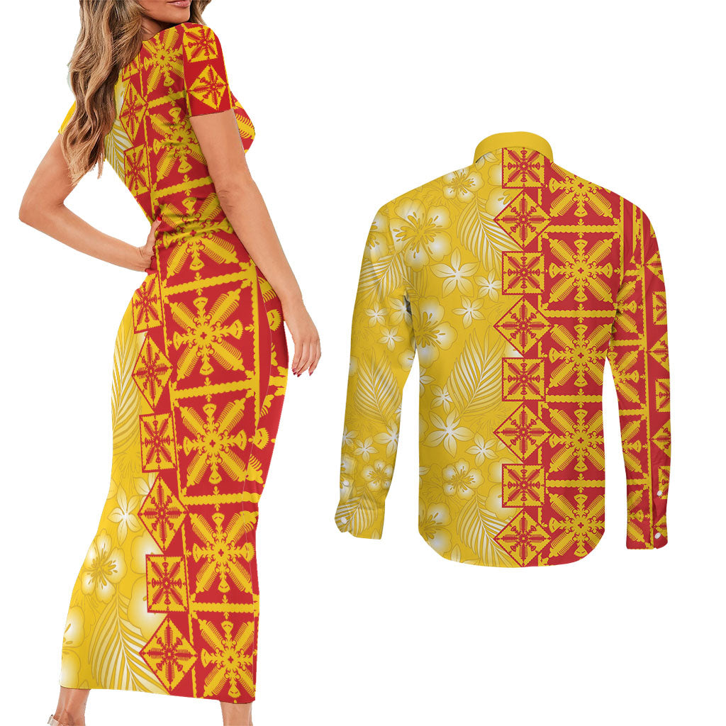 Kahili Quilt Hawaii Couples Matching Short Sleeve Bodycon Dress and Long Sleeve Button Shirt Tropical Flower Seamless Half Style LT14 - Polynesian Pride