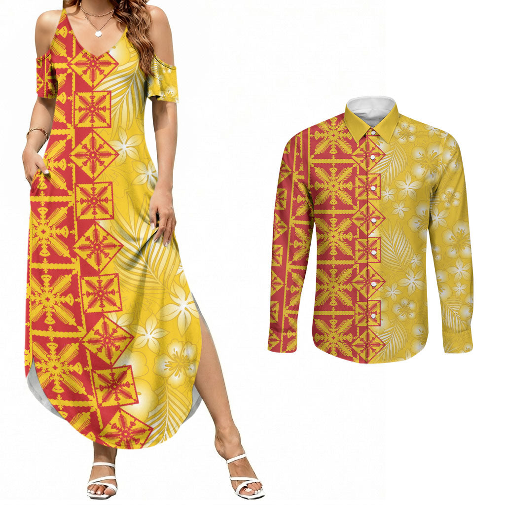Kahili Quilt Hawaii Couples Matching Summer Maxi Dress and Long Sleeve Button Shirt Tropical Flower Seamless Half Style LT14 Yellow - Polynesian Pride