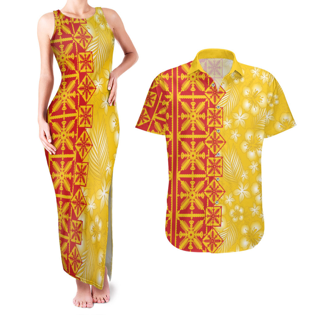 Kahili Quilt Hawaii Couples Matching Tank Maxi Dress and Hawaiian Shirt Tropical Flower Seamless Half Style LT14 Yellow - Polynesian Pride