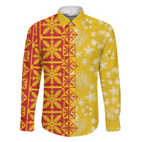 Kahili Quilt Hawaii Family Matching Off Shoulder Short Dress and Hawaiian Shirt Tropical Flower Seamless Half Style LT14 Dad's Shirt - Long Sleeve Yellow - Polynesian Pride