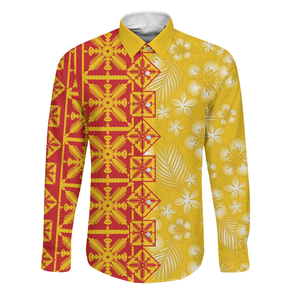 Kahili Quilt Hawaii Family Matching Puletasi and Hawaiian Shirt Tropical Flower Seamless Half Style LT14 Dad's Shirt - Long Sleeve Yellow - Polynesian Pride