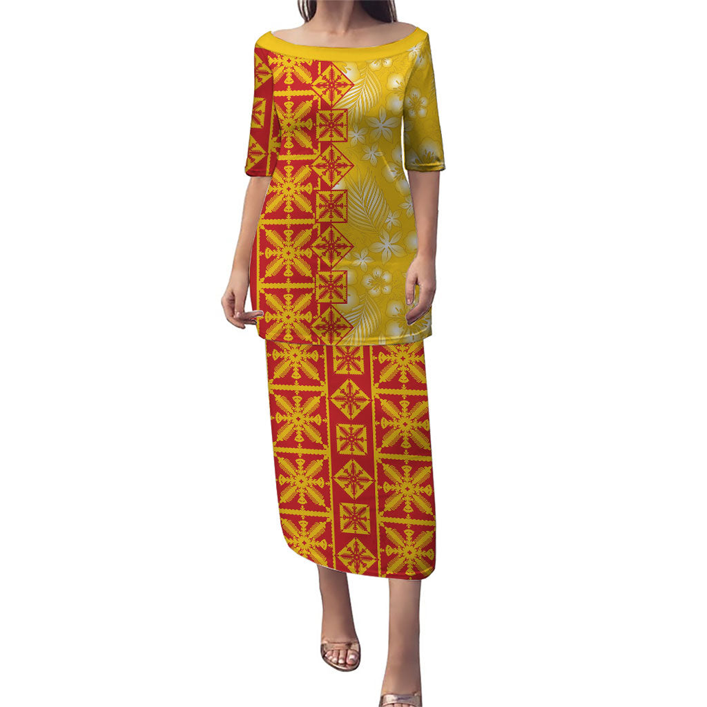 Kahili Quilt Hawaii Family Matching Puletasi and Hawaiian Shirt Tropical Flower Seamless Half Style LT14 Mom's Dress Yellow - Polynesian Pride