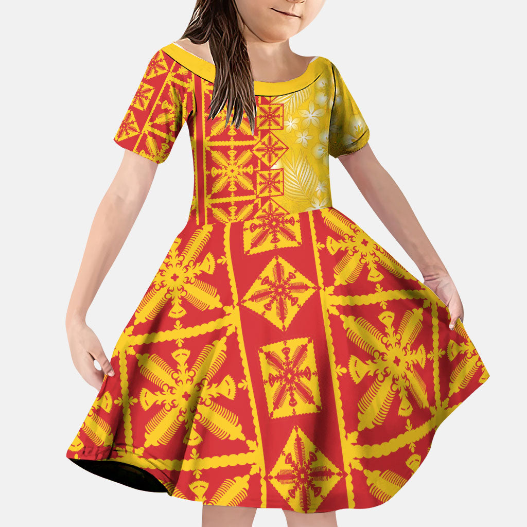 Kahili Quilt Hawaii Family Matching Summer Maxi Dress and Hawaiian Shirt Tropical Flower Seamless Half Style LT14 Daughter's Dress Yellow - Polynesian Pride
