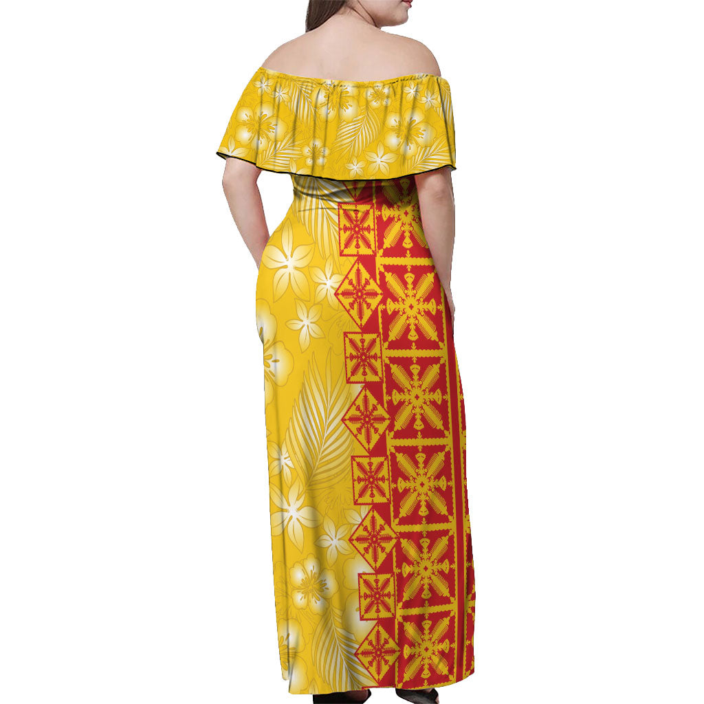 Kahili Quilt Hawaii Off Shoulder Maxi Dress Tropical Flower Seamless Half Style