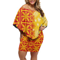 Kahili Quilt Hawaii Off Shoulder Short Dress Tropical Flower Seamless Half Style