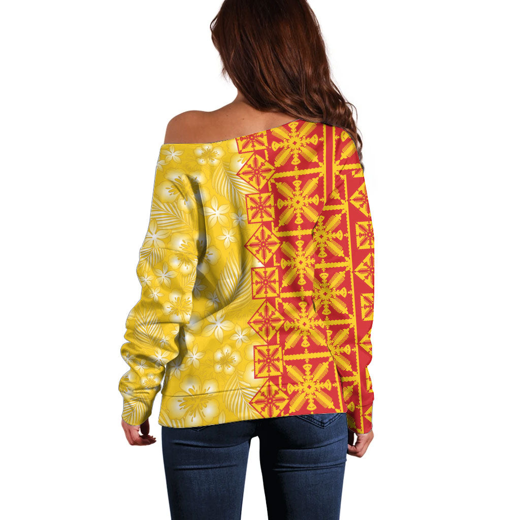 Kahili Quilt Hawaii Off Shoulder Sweater Tropical Flower Seamless Half Style