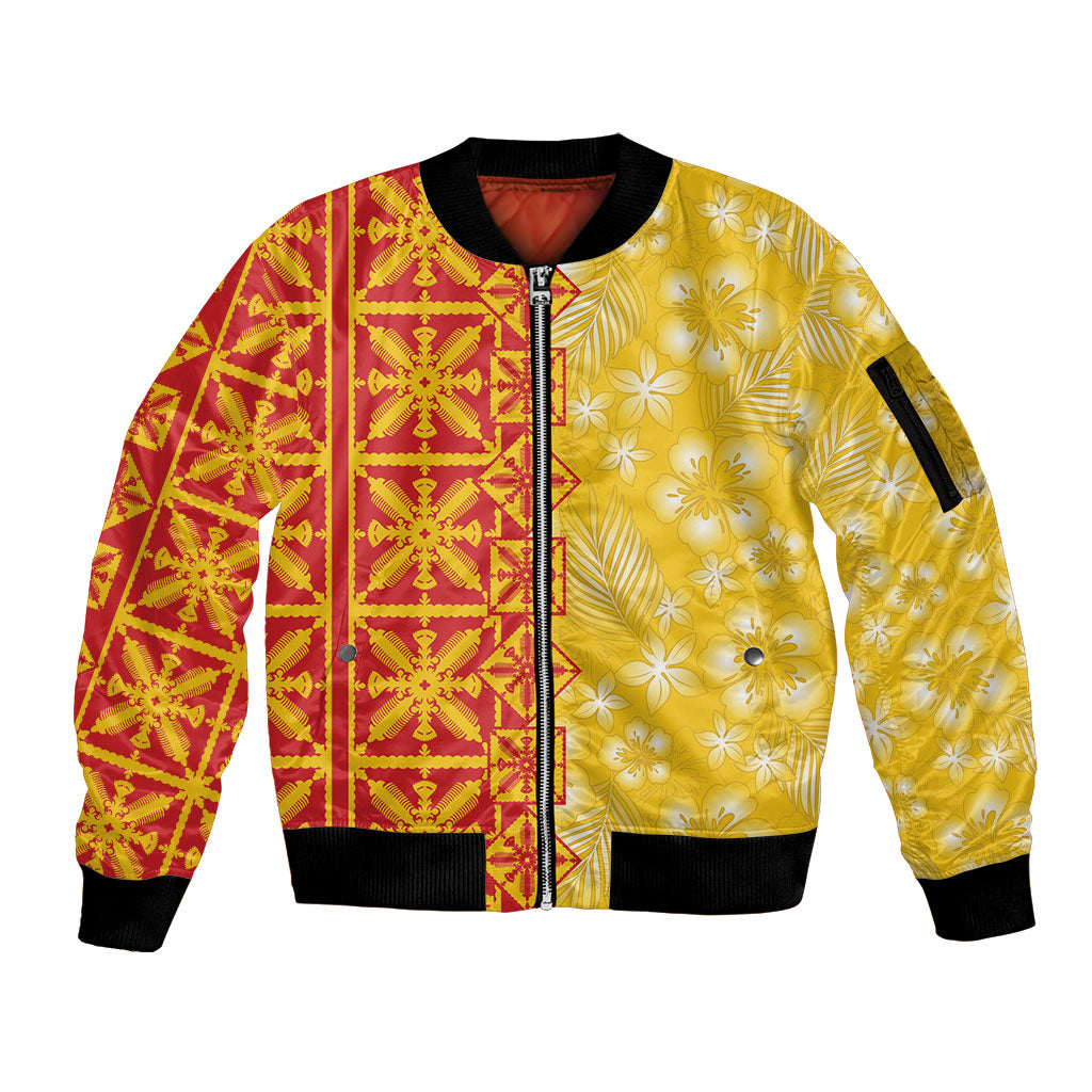 Kahili Quilt Hawaii Sleeve Zip Bomber Jacket Tropical Flower Seamless Half Style